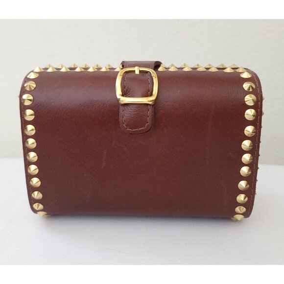 CC SKYE Brown Leather Studded Mini Handheld Clutch With Gold Buckle Detail - Picture 1 of 9